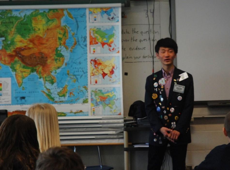 Korean exchange student Gunho Park tells his story to CF classes