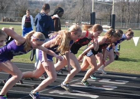 Emma Thomley and Kelsie Beissel lead the charge off the line in the 100 dash
