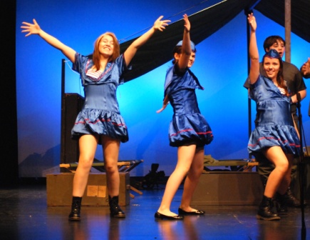 Fritzi, Agnes, and Mitzi (Rachel Hartman, Emma Conway, and Kaitlyn Wood) conclude their tap dancing debacle
