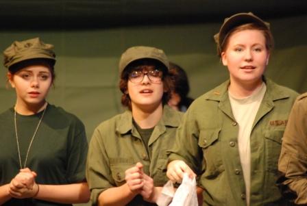 Lt. Phillips (Jordynn Zier), Radar Reilly (Carley Norton), and Major Margaret Hot Lips Houlihan (Hannah Brummand)