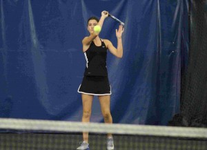 Maddie Adel uses a strong forehand at the state tennis tournament
