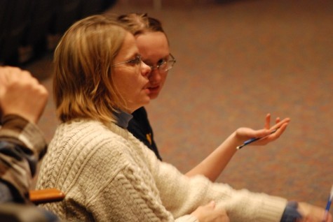 Director Tania Legvold consults with stage manager Becky Yarbrough