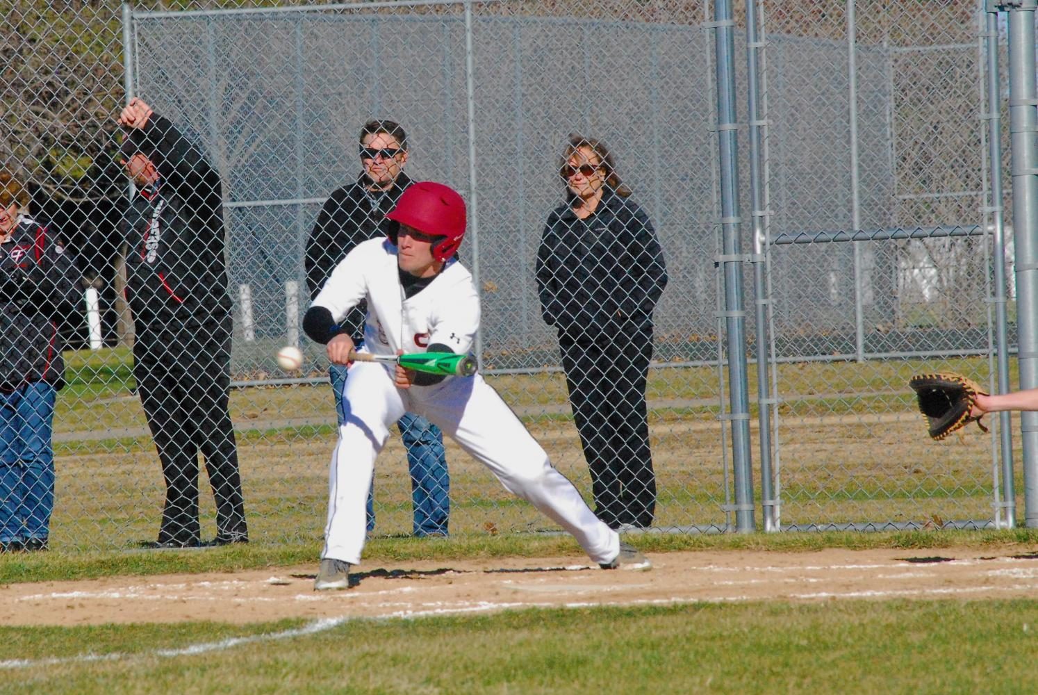 a Bomber batter puts the ball on the ground for a single