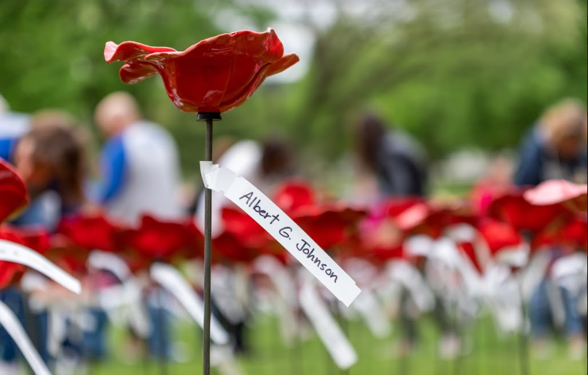 A ceramic poppy, one of over 400  made for veterans in the Cannon Falls cemetery.  