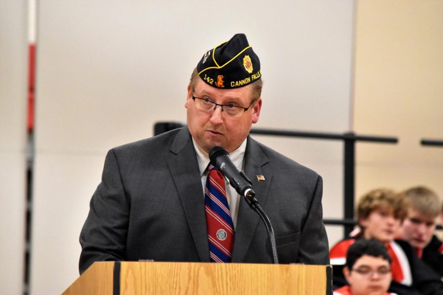 Craig Hedstrom addressed the gym packed full of students on Veterans Day.  