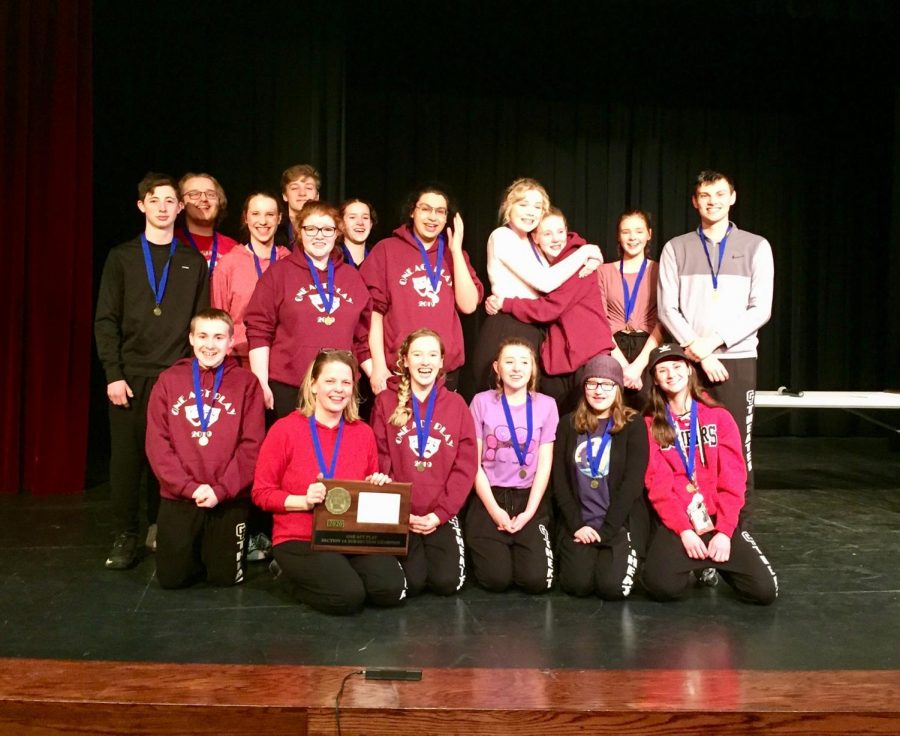 Cannon Falls is One Act Subsection Champs! The cast and crew (F to B, L to R) Sam Auger, Director Tania Legvold, Kressin Hartl, Bianca Caputo, Grace Parks, Taylor Fox, Trenton Sherer, Allison Hughes, Jasmine Schulz, Noah Muhlhausen, Kendall Lawless, Kate Churchill, Cat Wagner, Jared McAdam, Ian Sawdey, Devin Sexton, and Lydia Pederson posed for a photo with their trophy on Saturday, January 25 in Triton, Minnesota.