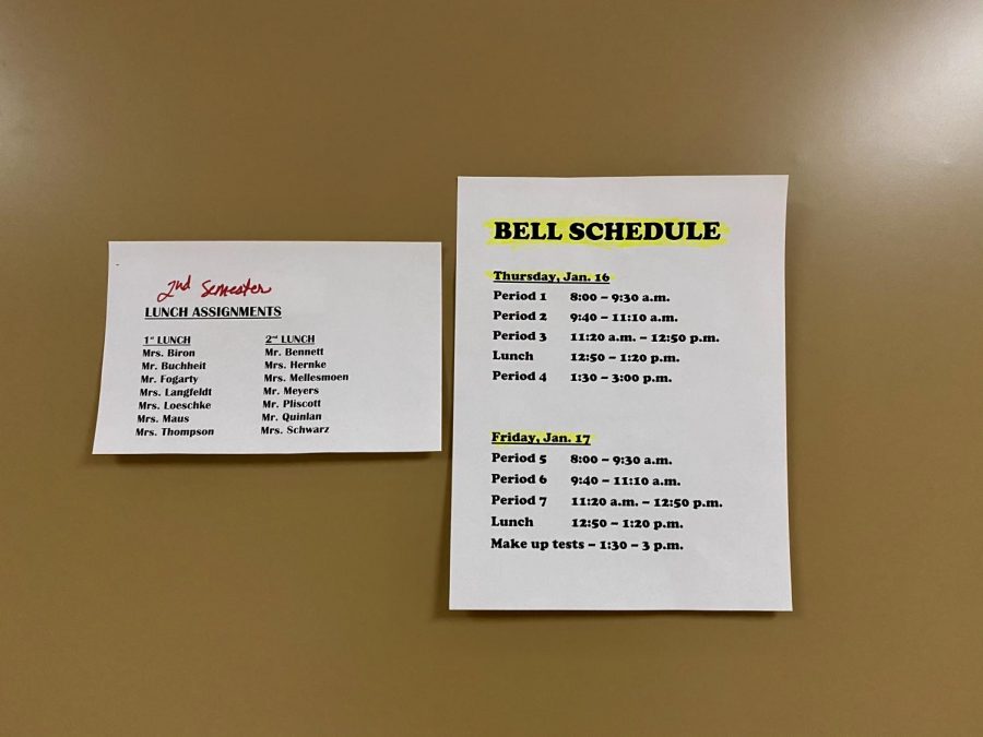The finals schedule and teacher lunch assignments are posted outside the guidance office. 