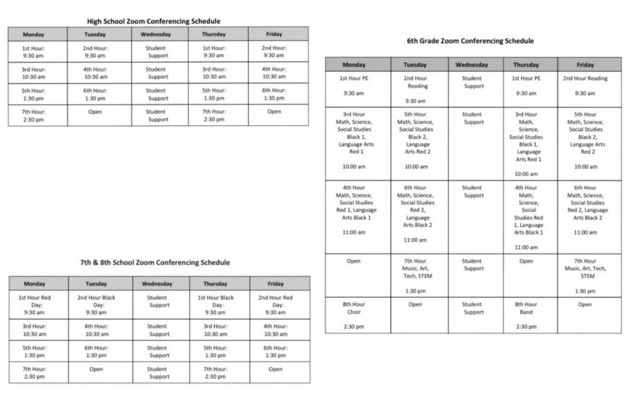 School administration has created a high school, 7&8th grade, and 6th grade Zoom schedule to help maintain organization and normalcy. 