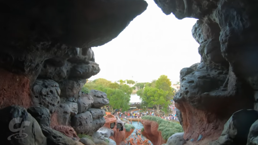 On the virtual "Splash Mountain," riders overlook Disney World before plummeting down a dramatic drop. 