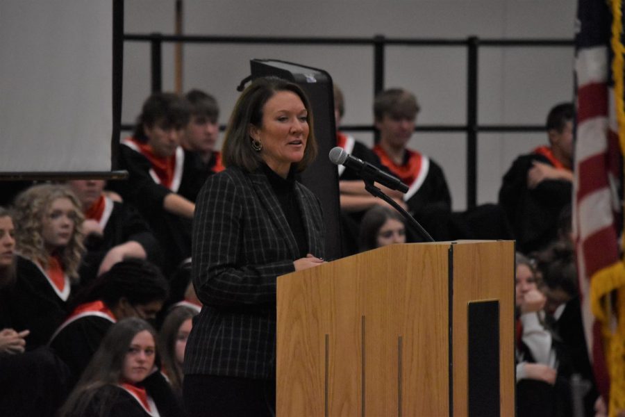 Former CF Schools superintendent Beth Giese, an Army veteran, gives the Veterans Day address