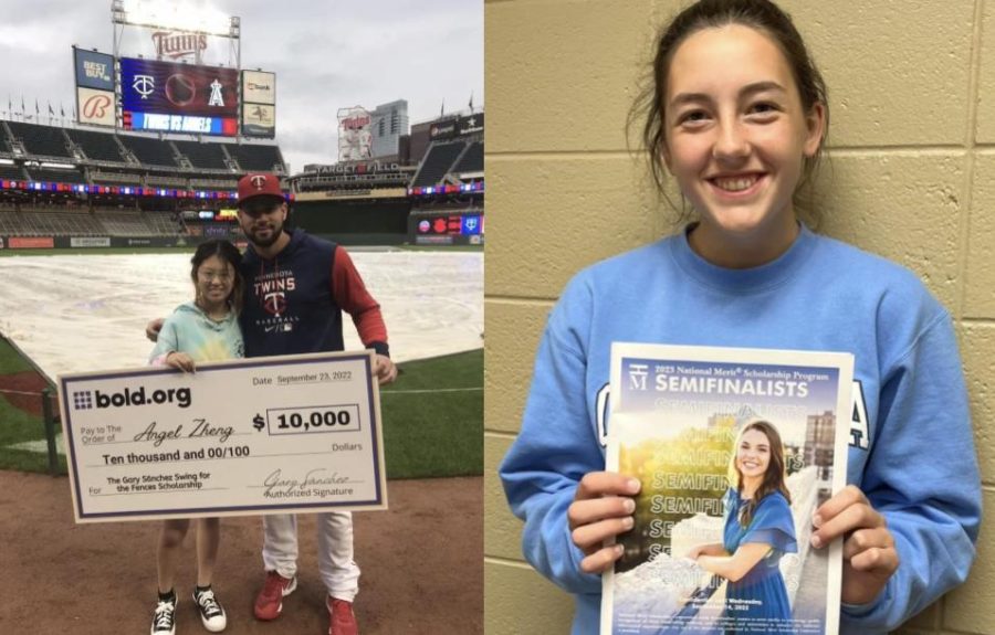 On the left Angel Zheng receives a check from Twins pitcher while on the right Lauren Ritz holds a brochure for the National Merit Scholar Program.