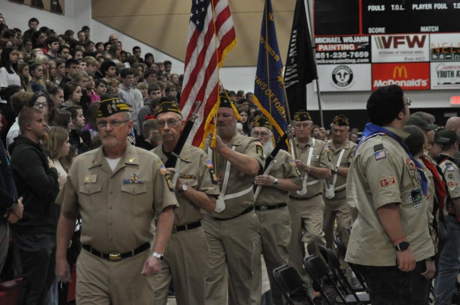 Following+the+Veterans+Day+ceremony+the+VFW+Color+Guard+parades+out+of+the+gymnasium