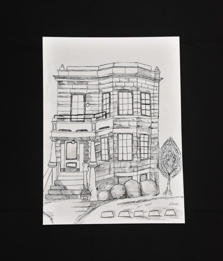 Minha Lu used the technique of cross-hatching to create this ink drawing of a house.