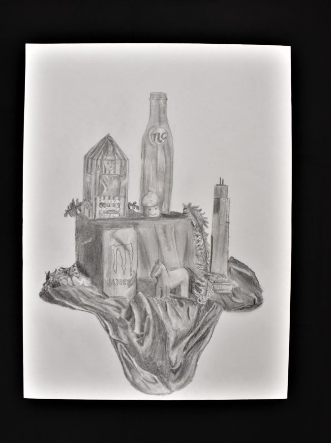 This still life sketch featuring everday items was created by Kennedy Harmsen with a variety of graphite pencils. 