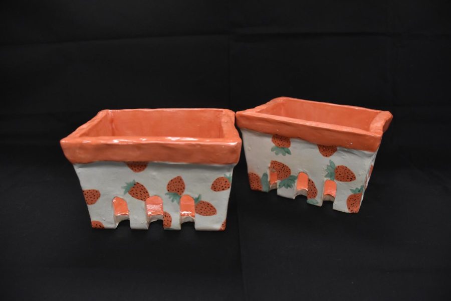 Beth Carpenter made these functional ceramic fruit baskets decorated with strawberries.