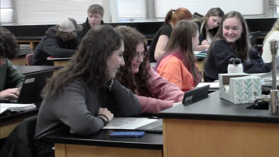 Gaia Bergamaschi and Grace Miller work on their chemistry assignment together.