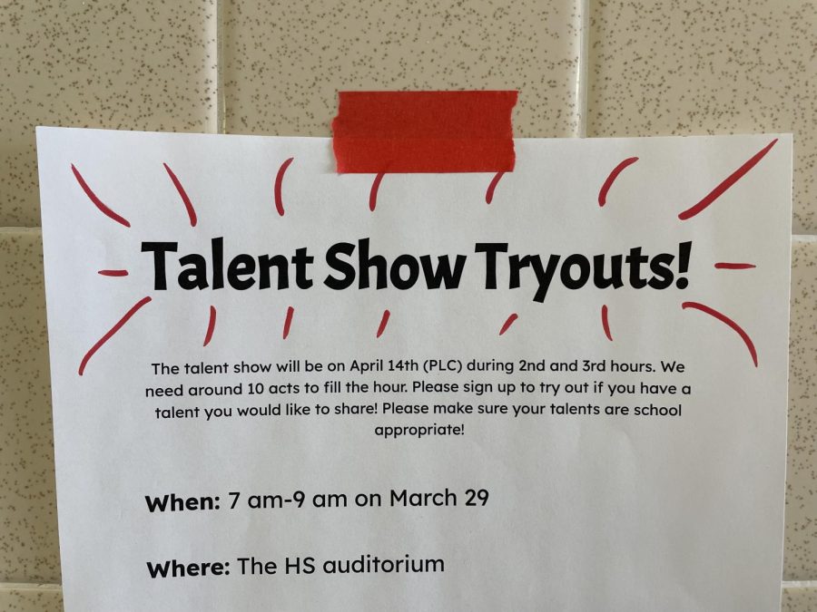 Talent show flyers are posted around the school with more information about tryouts and how to sign up. 
