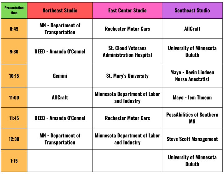 Times for each college or business presentation are detailed in a scheduled chart.