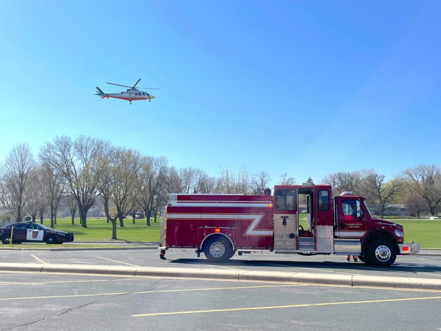 At the end of the mock crash a helicopter landed in the front lawn of the school to air lift one of the mock crash participants. 