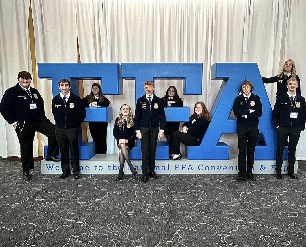 The+Cannon+Falls+FFA+convention+attendees+posed+with+larger-than-life+letters.+From+left+to+right%3A+Gideon+Anderson%2C+Brent+Carpenter%2C+Madison+Dettman%2C+Cadence+Kilmer%2C+Cameron+Addington%2C+Mackenzie+Kilmer%2C+Grace+Miller%2C+Isaac+Rapp%2C+Ryan+Johnson%2C+Hilari+Palodichuk