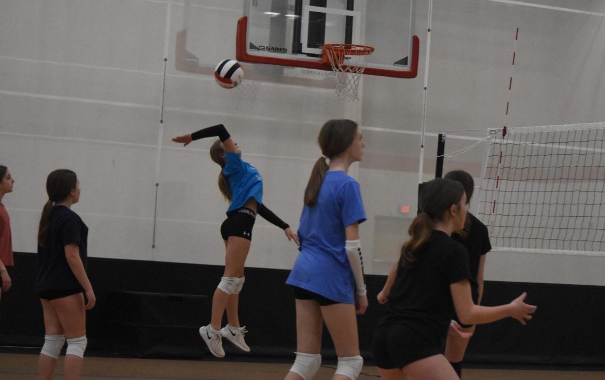 Lizzie Tipton is trying to hit the ball to get a kill.