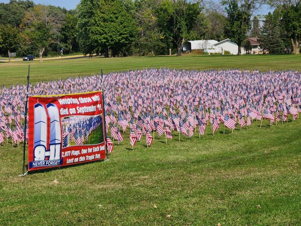 Nearly 3,000 flags adorn the front lawn of the Cannon Falls Schools in remembrance of 9/11