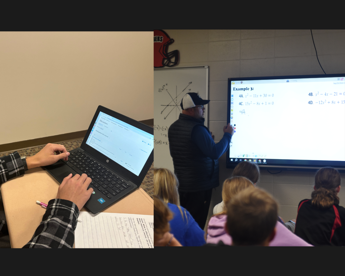 In one room, a student is studying for his online course, while in another, Mr. Quinlan is teaching his math class.