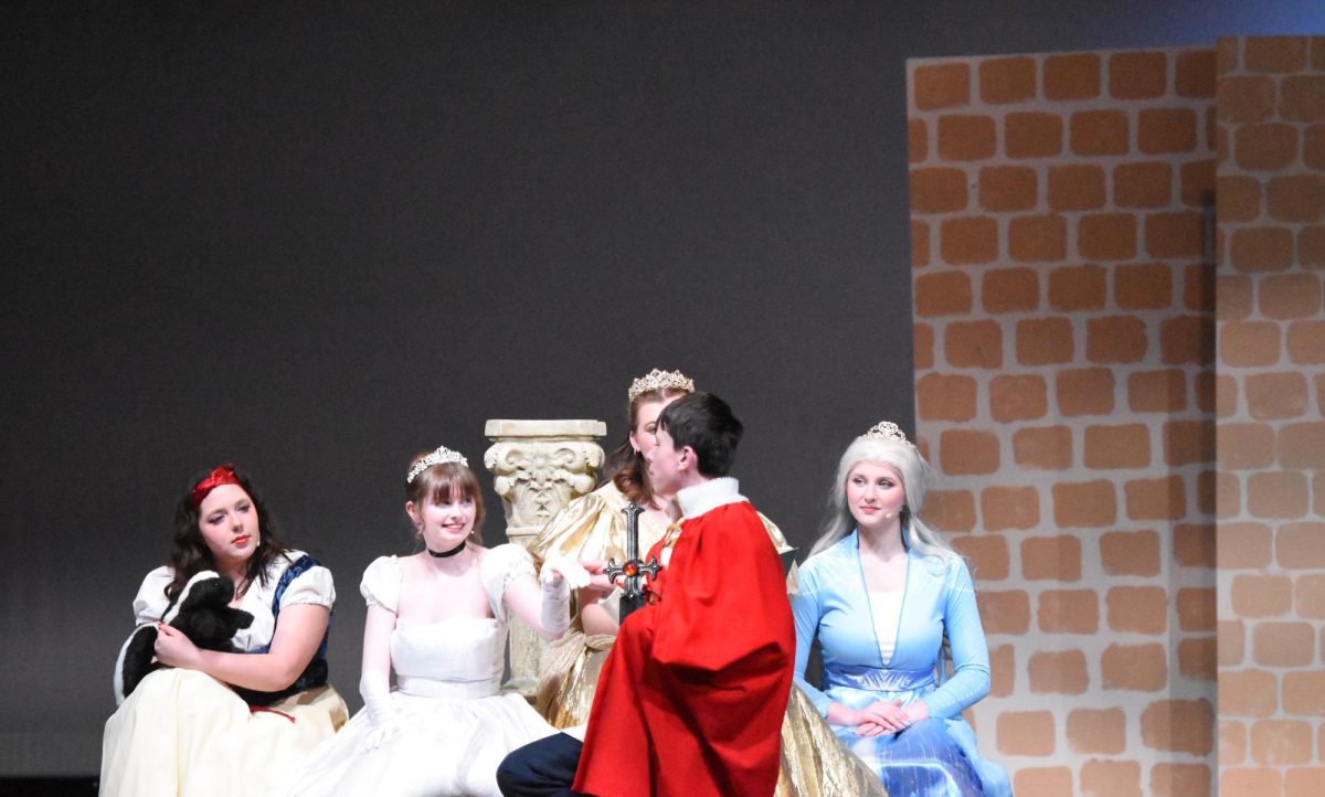 Prince Charming speaks to a group of princesses.