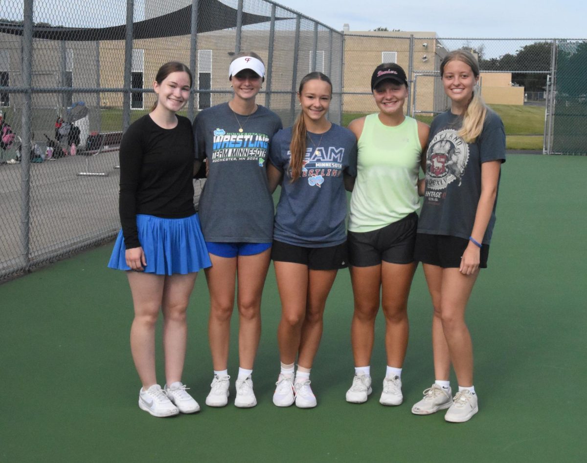 Noelle Swenson, Sophia Nerison, Abby Roepke, Josie Sjoquist, and Cameron Anderson are this years tennis seniors.