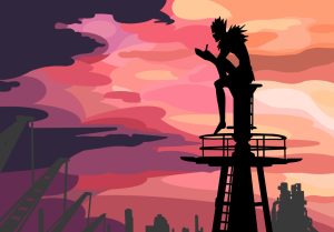 Ryuk the Shinigami or spirit of death perched upon a tower waiting to fulfill the formidable desires etched into the Death Note. Artwork by Noelle Swenson.