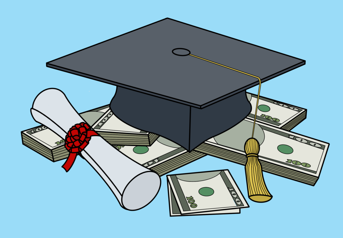 A graduation cap and diploma resting over piles of money. Artwork by Noelle Swenson.