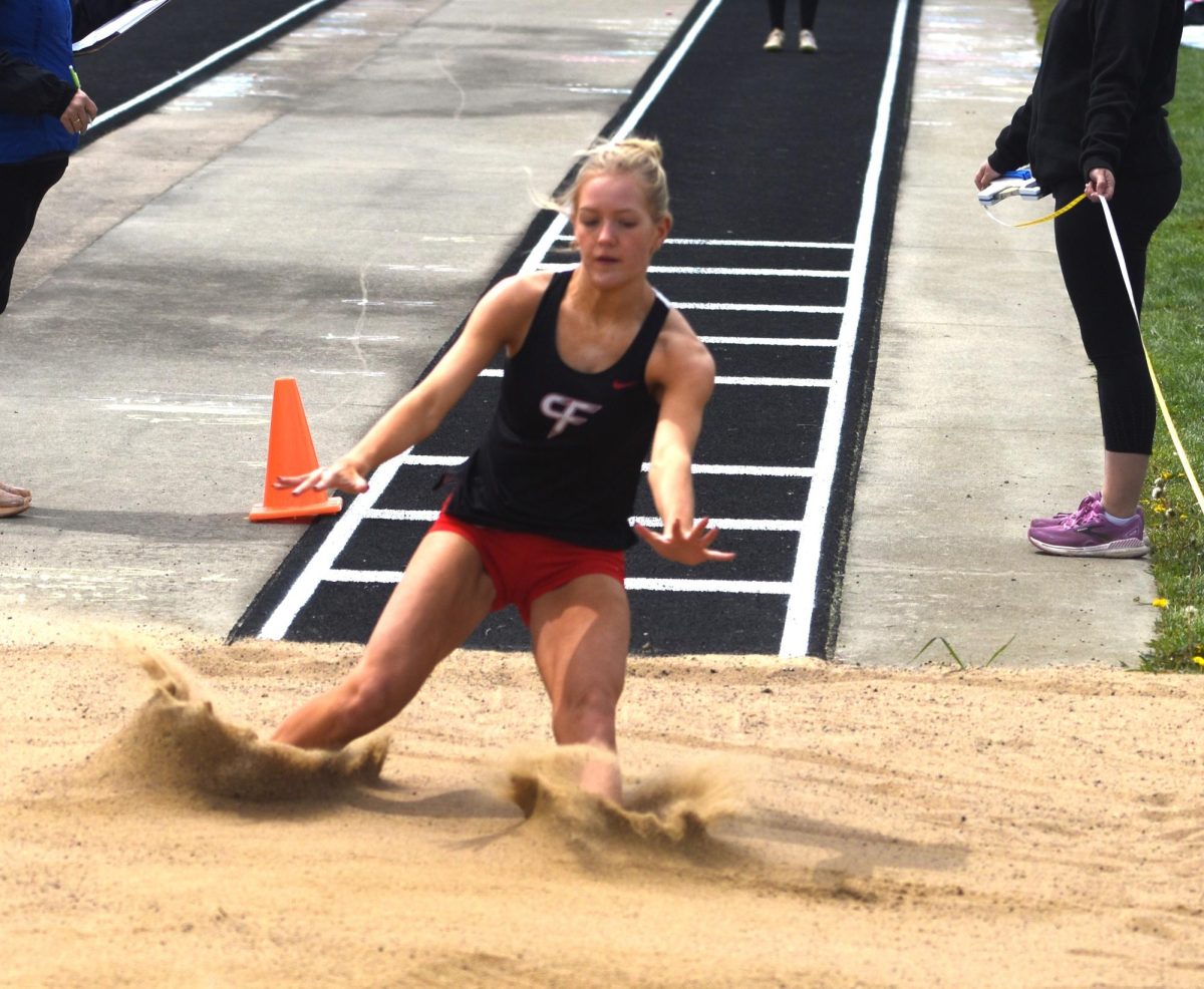 Taylor Reed at the conclusion of her long jump attempt at the True Team meet on May 5.